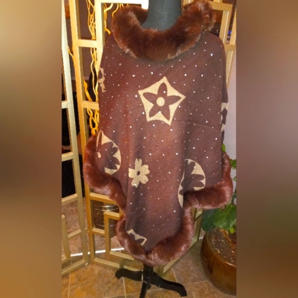 Fur Poncho W/Rhinestones